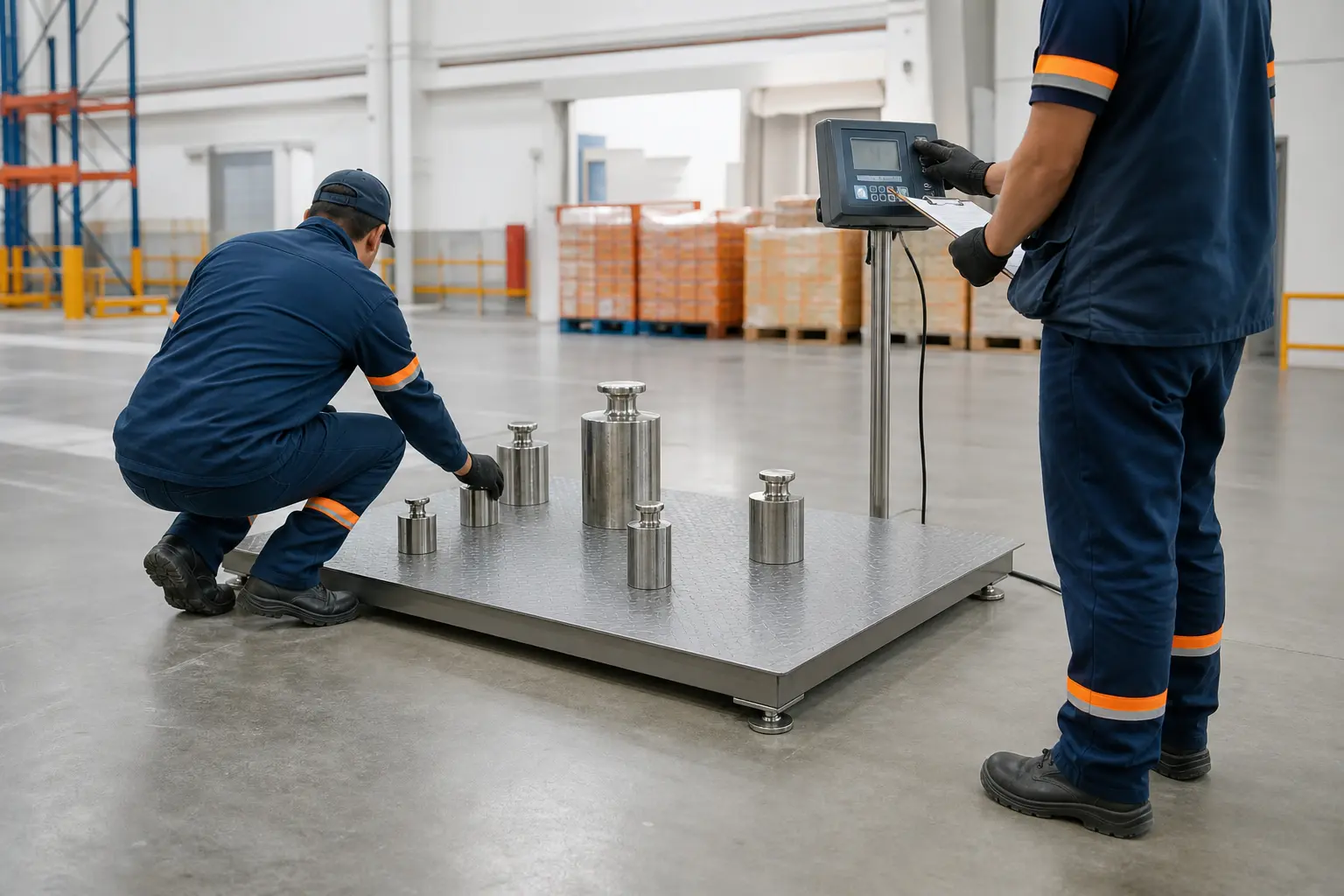 Escena ilustrativa de técnicos inspeccionando una báscula de plataforma industrial